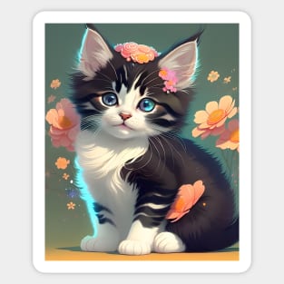 Beautiful Calico Kitten with Flowers - Modern Digital Art Sticker